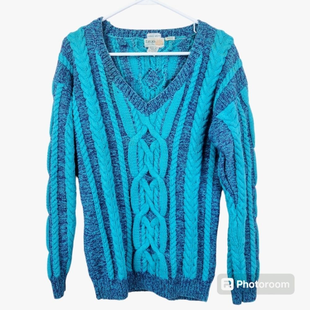 Vintage 80s Izod Hand Knit Chunky Cable Knit V-Neck Sweater Medium